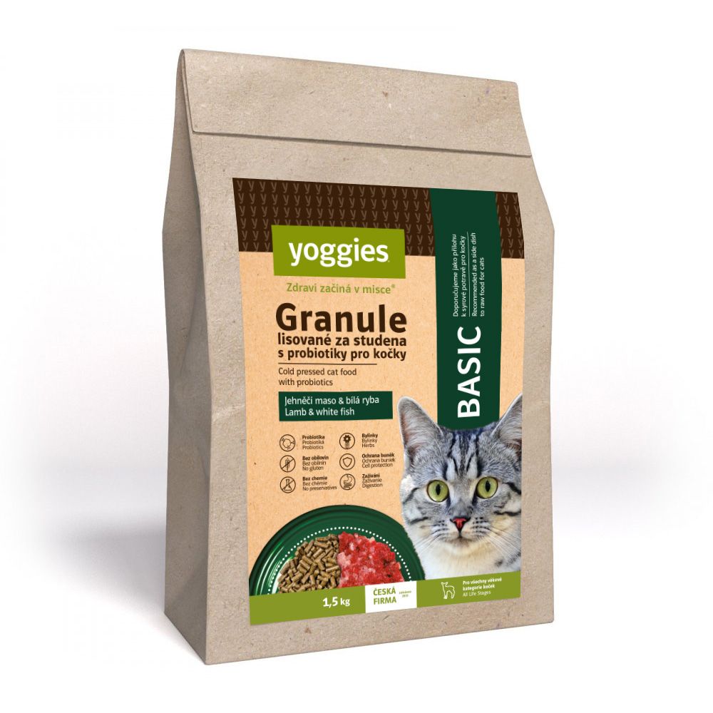 1,5kg Yoggies Cat "Basic" Granule pro kočky, lisované za studena s probiotiky