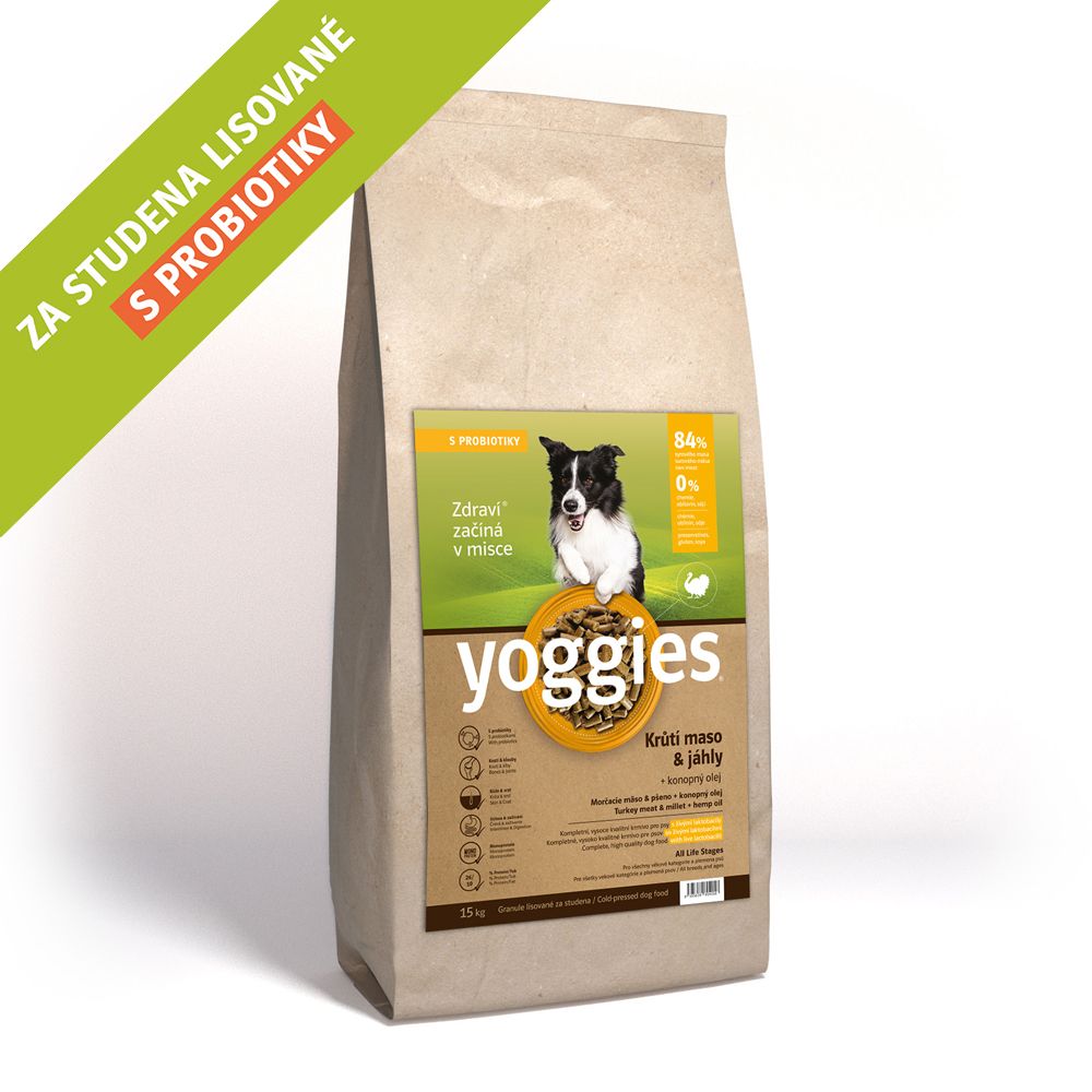 15 kg,  Yoggies Krůtí maso&jáhly, granule lisované za studena s probiotiky