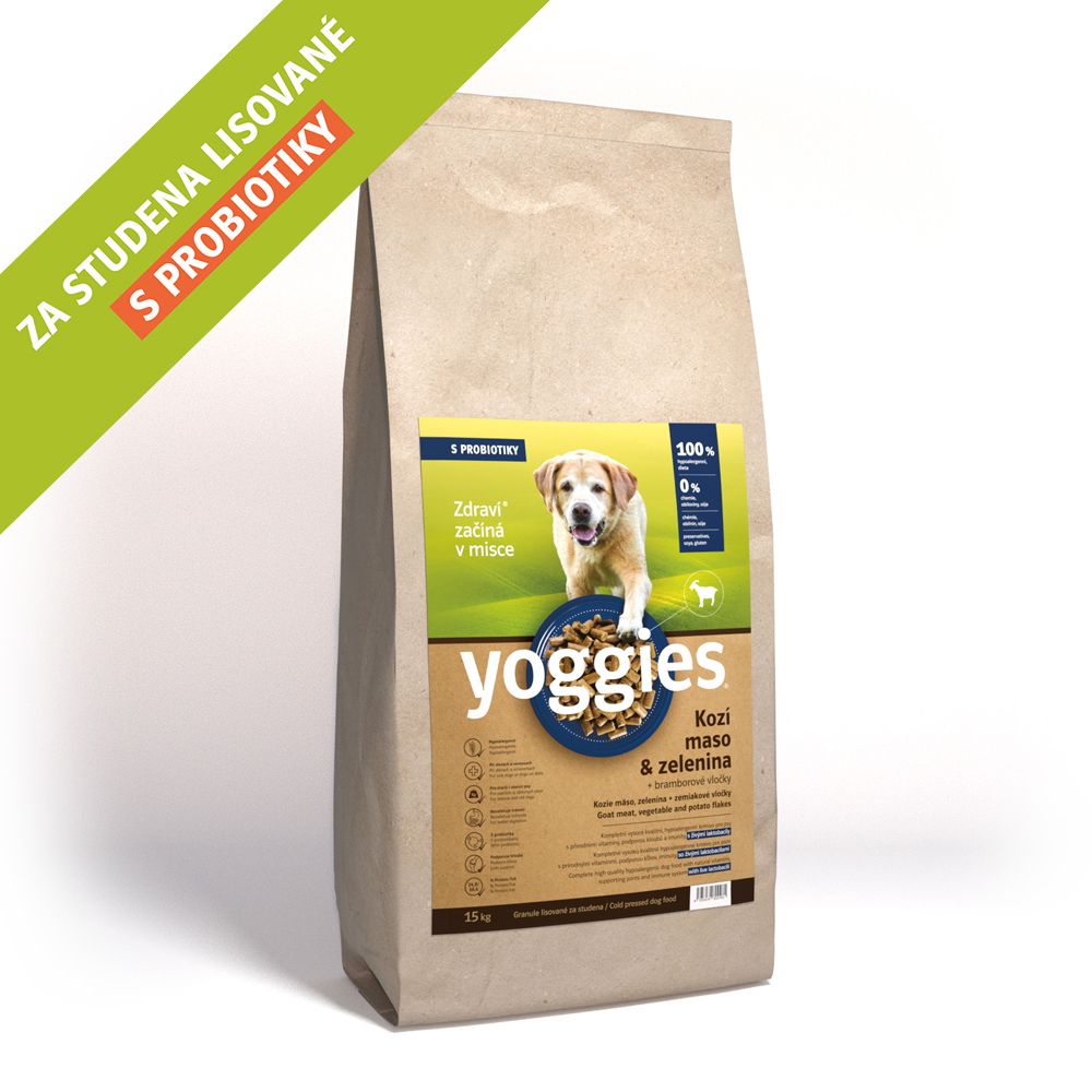 15kg Yoggies Kozí maso&zelenina, hypoalergenní granule lisované za studena s probiotiky