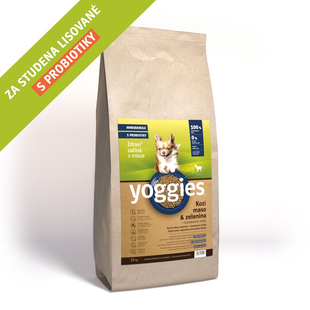 15kg Yoggies Kozí maso&zelenina, hypoalergenní minigranule lisované za studena s probiotiky