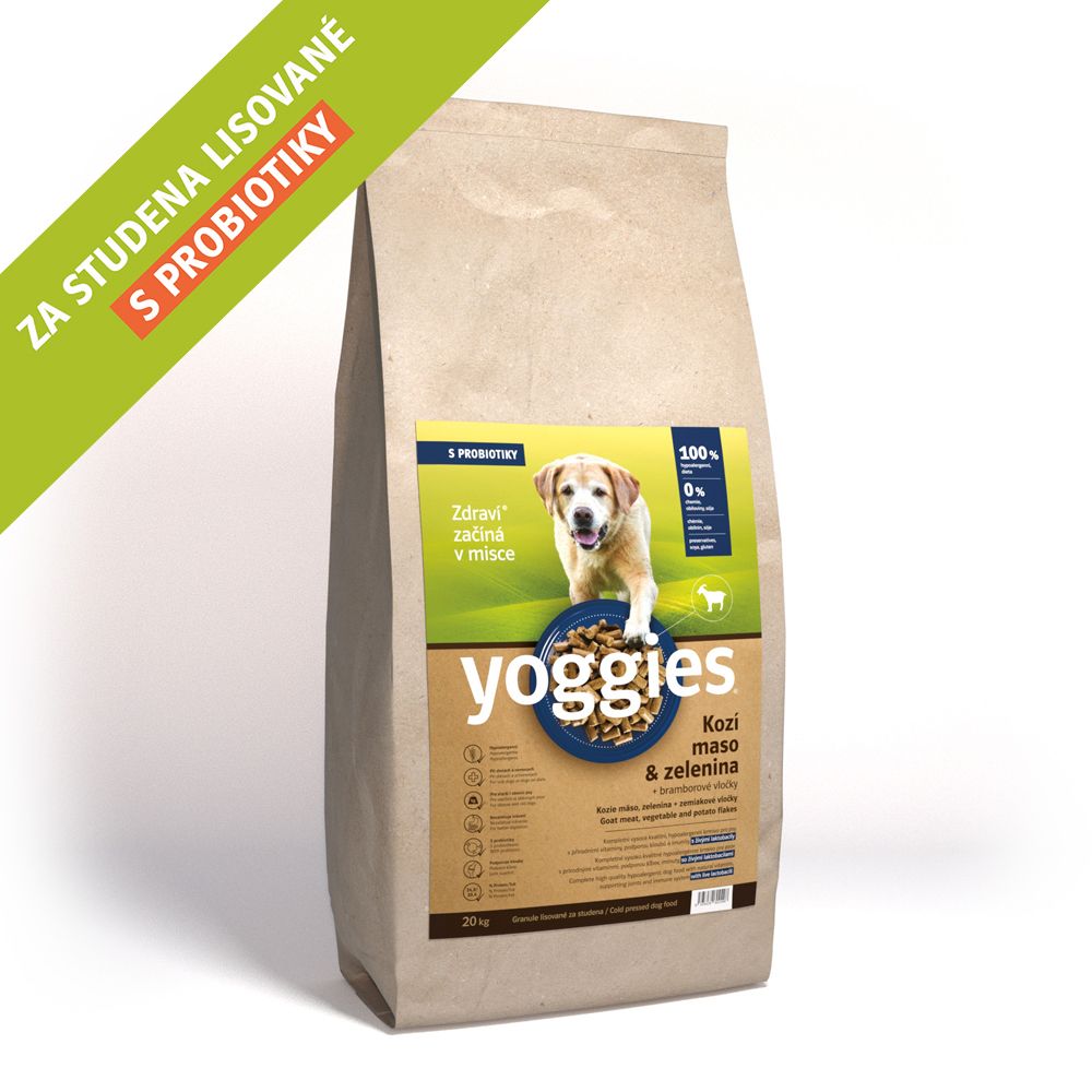 20kg Yoggies Kozí maso&zelenina, hypoalergenní granule lisované za studena s probiotiky