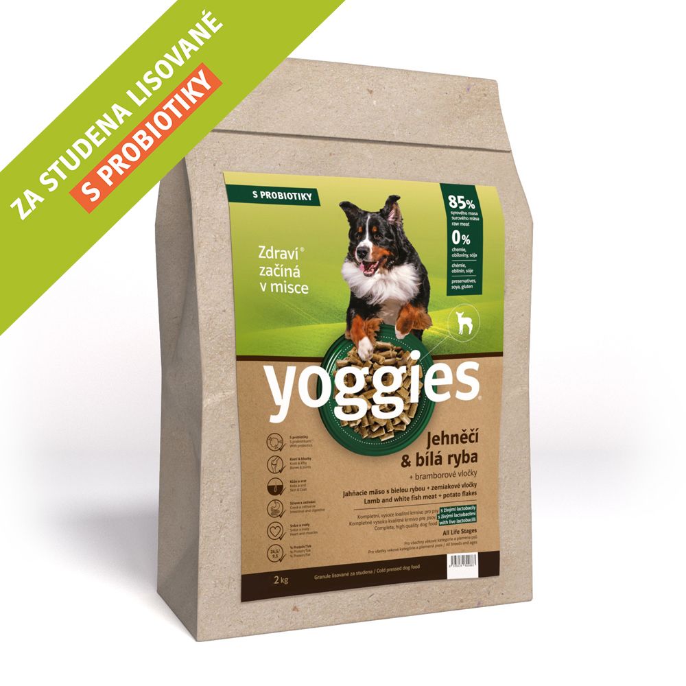 2kg, Jehněčí a bílá ryba, granule lisované za studena s probiotiky Yoggies