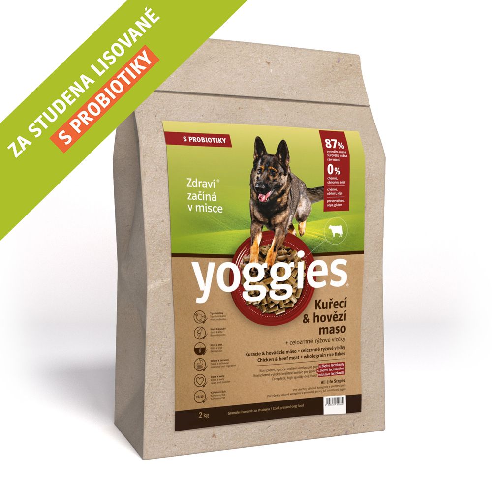 2kg, Kuřecí a hovězí maso, granule lisované za studena s probiotiky Yoggies