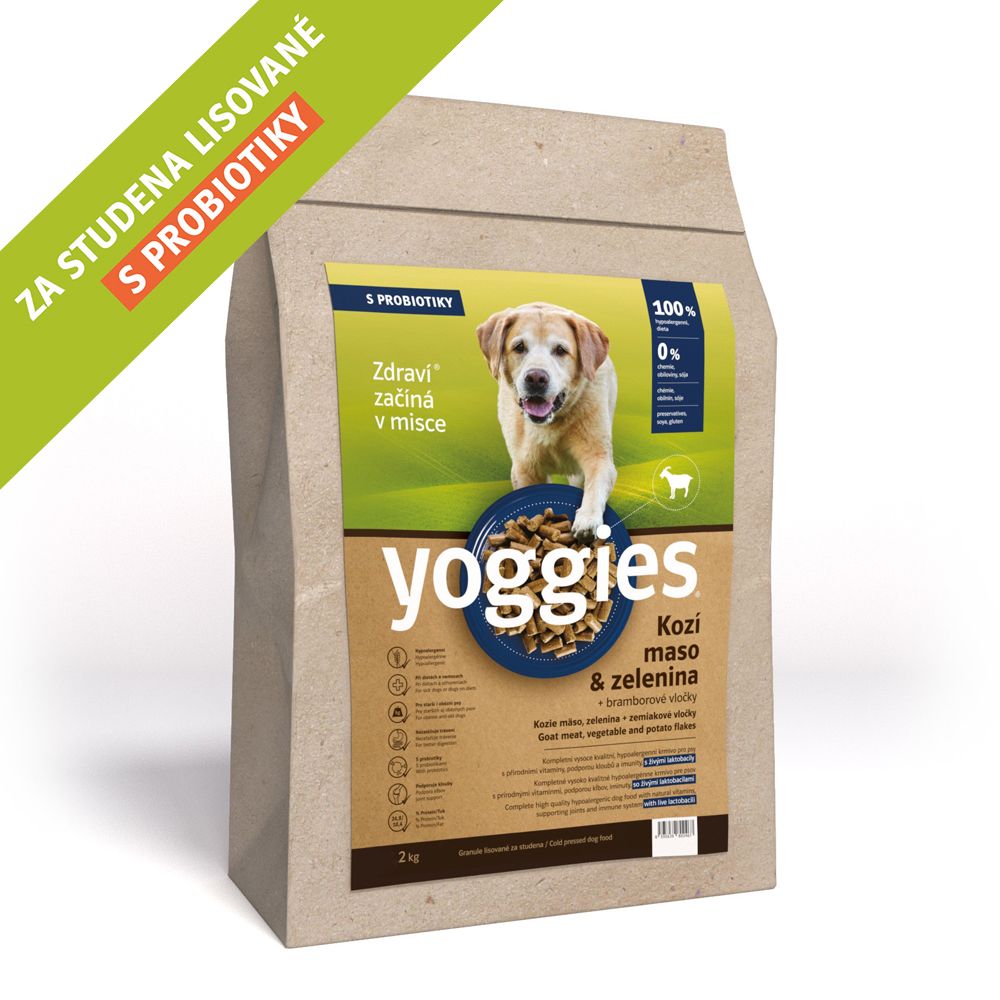 2kg Yoggies Kozí maso&zelenina, hypoalergenní granule lisované za studena s probiotiky