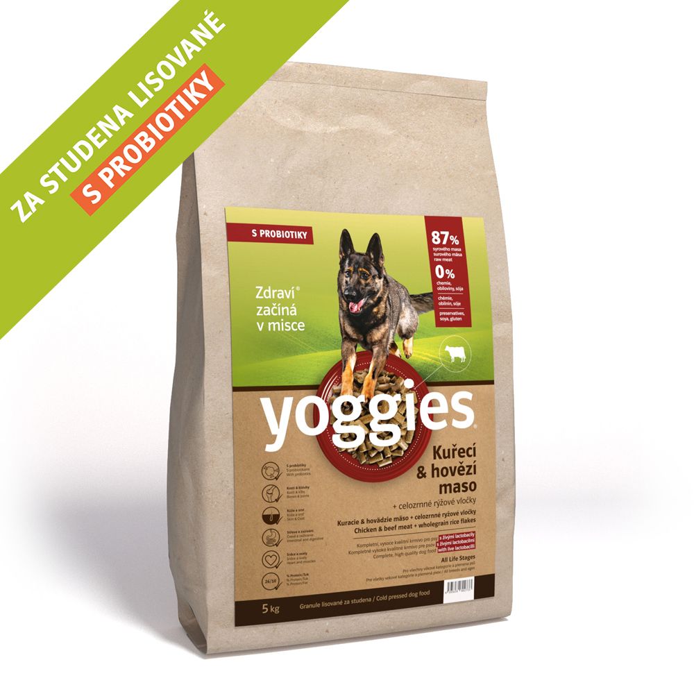 5 kg, Kuřecí a hovězí maso, granule lisované za studena s probiotiky Yoggies