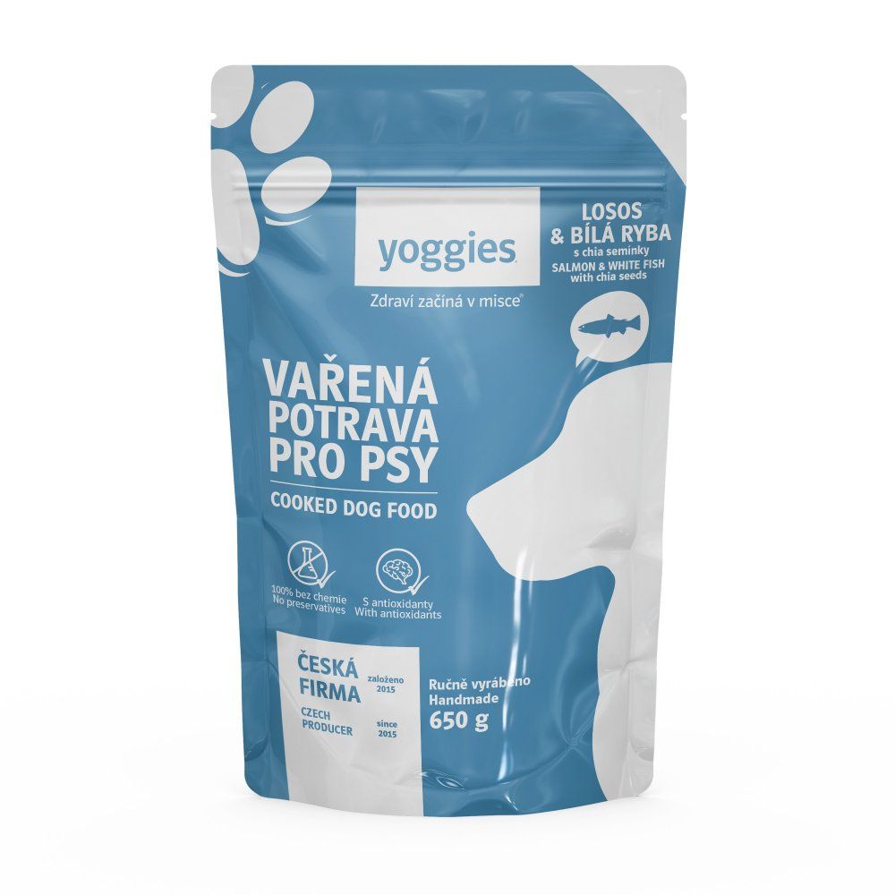 650g Yoggies Vařená potrava pro psy – losos a bílá ryba s chia semínky