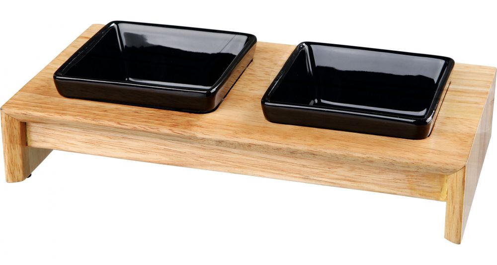 Dřevěný bar, 2x keramická čtyřhranná miska, á 0,4 l / 13 x 13 cm, černá