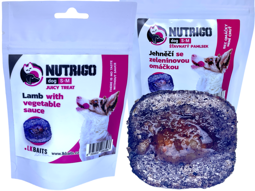 LK Baits Pet Nutrigo Dog Pamlsek Jehněčí se Zeleninovou Omáčkou,S-M,150g