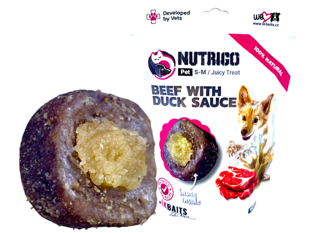 LK Baits Pet Nutrigo Dog Pamlsek Telecí s Kachní Omáčkou,S-M,150g